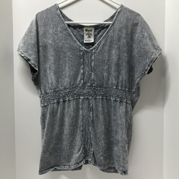 Vocal Blue Tie Dye Rhinestone Embellished V-Neck Tee - Picture 1 of 9